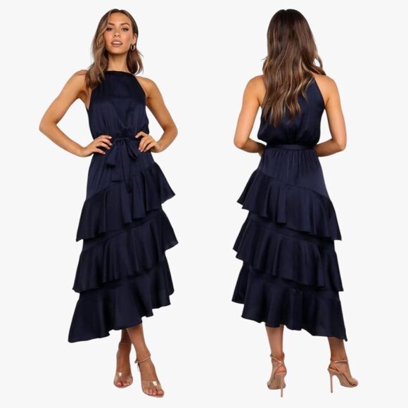 NWT Petal & Pup Tiered Midi Dress in Navy Size 10 Glam Flared Party - Picture 4 of 7